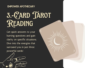 May include: A black and white illustration of a hand with an eye and a teardrop. The text "3-CARD TAROT READING" is in a vintage style font. The text below reads "Get quick answers to your burning questions and gain clarity on specific situations. Dive into the energies that surround you in just three powerful cards!"