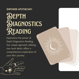 May include: A black and white illustration of a hand with an eye and a teardrop. The text "EMPOWER APOTHECARY DEPTH DIAGNOSTICS READING" is in a vintage font. The text below reads "Experience the power of Depth Diagnostics Reading. Our unique approach, utilising two tarot decks, offers a comprehensive exploration of your life's journey."