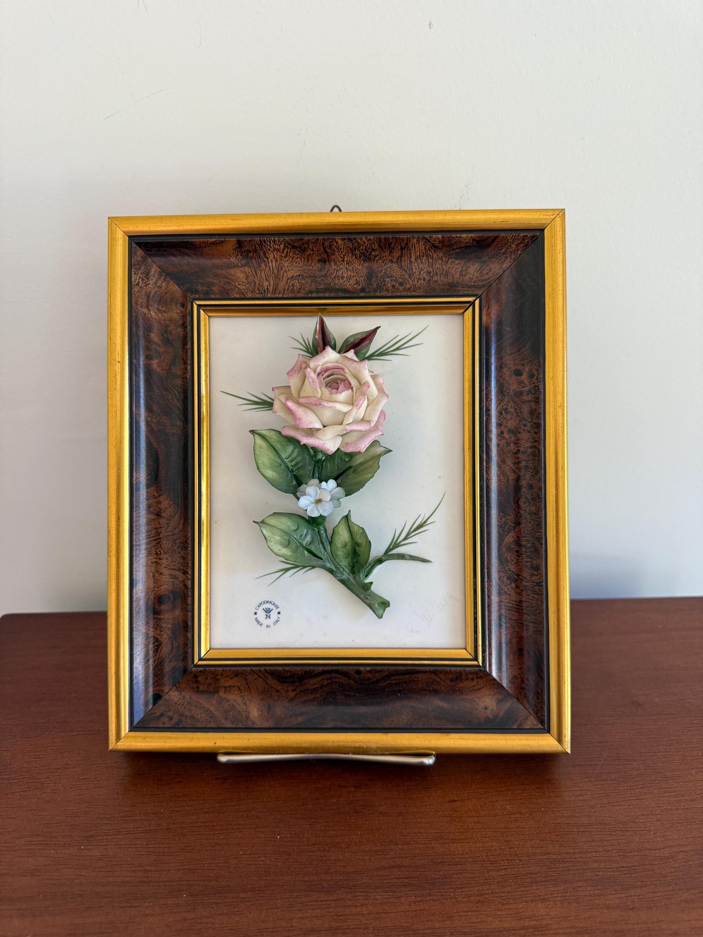 Vintage Capodimonte Signed 3D Porcelain Flowers Framed Wall Plaque
