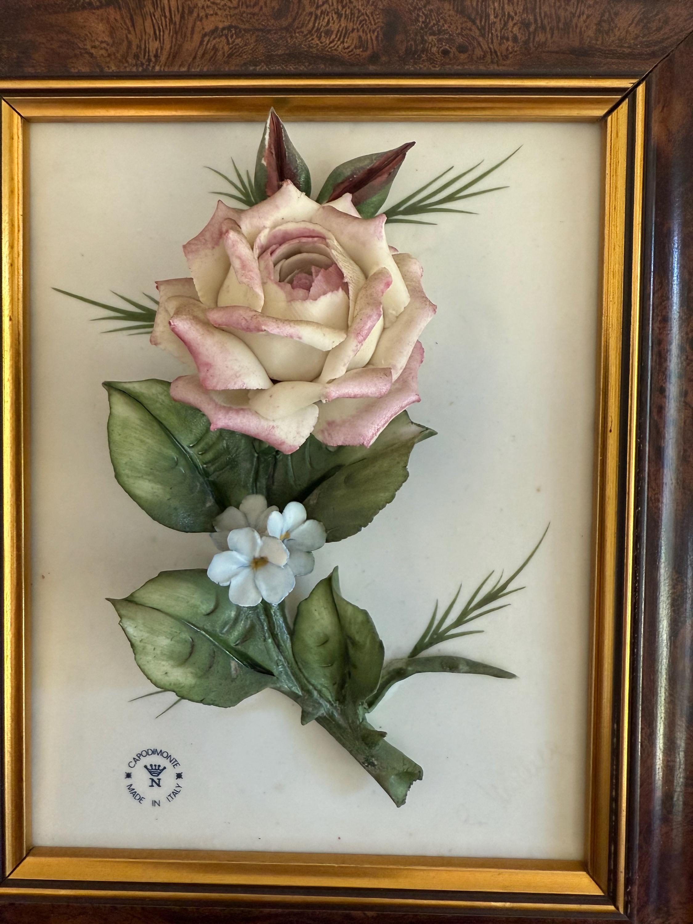 Vintage Capodimonte Signed 3D Porcelain Flowers Framed Wall Plaque