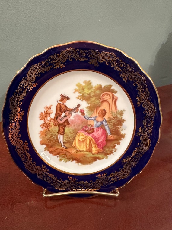 Lot 4 Assiettes à Dessert Fragonard – Bleu Et Or – Verre – Neufes