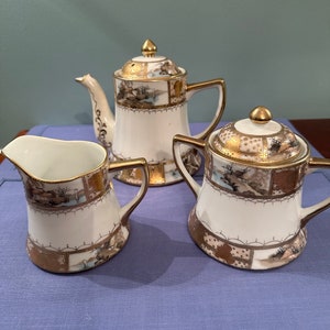 Antique Japanese Nippon Porcelain Teapot - Creamer- Sugar Bowl Set.