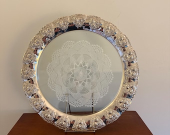 Vintage Silver-Plated Round Serving Plate with a removable glass insert and lace.