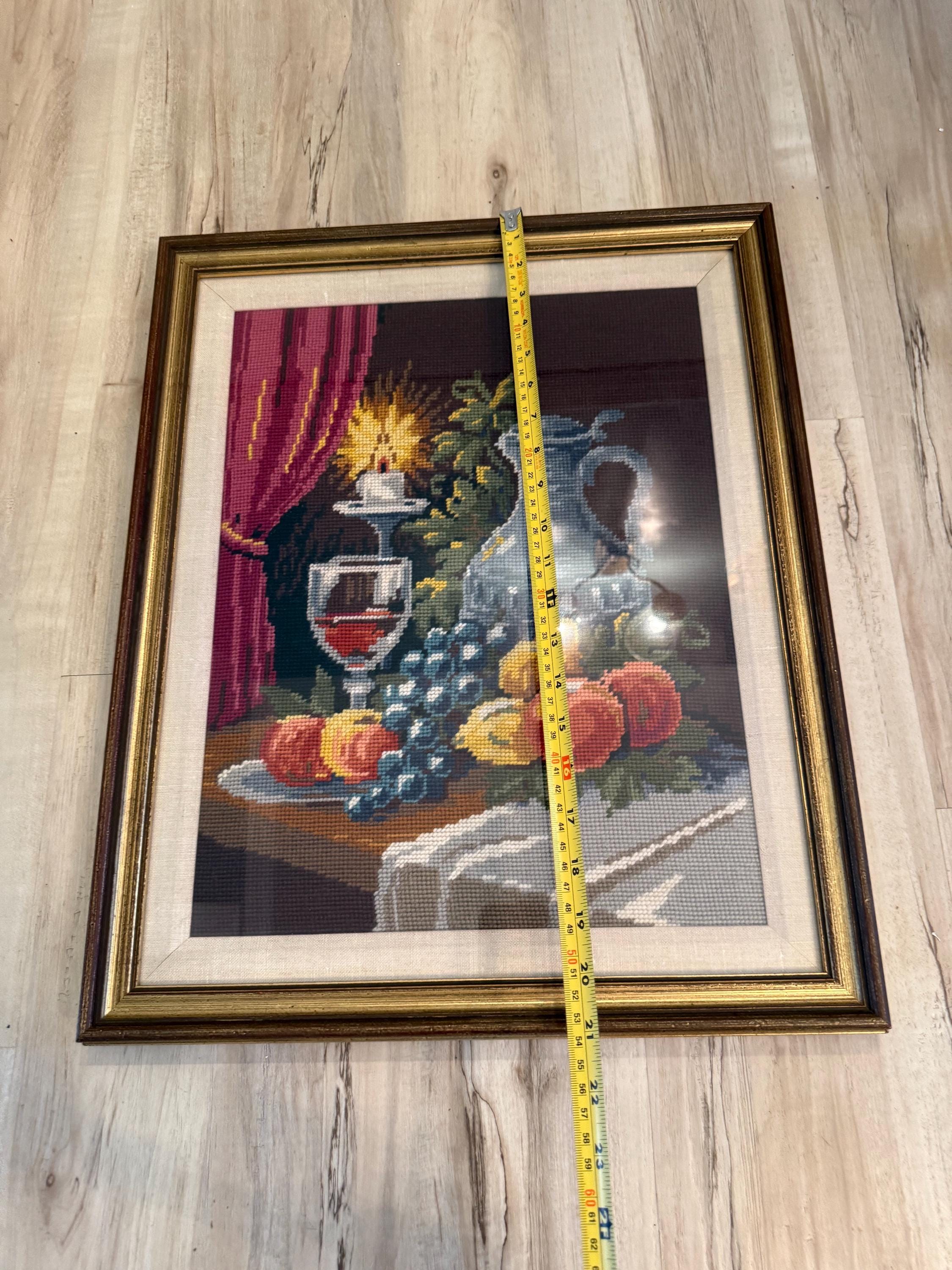 Vintage Framed Needlepoint Tapestry Needlework Picture With Fruit