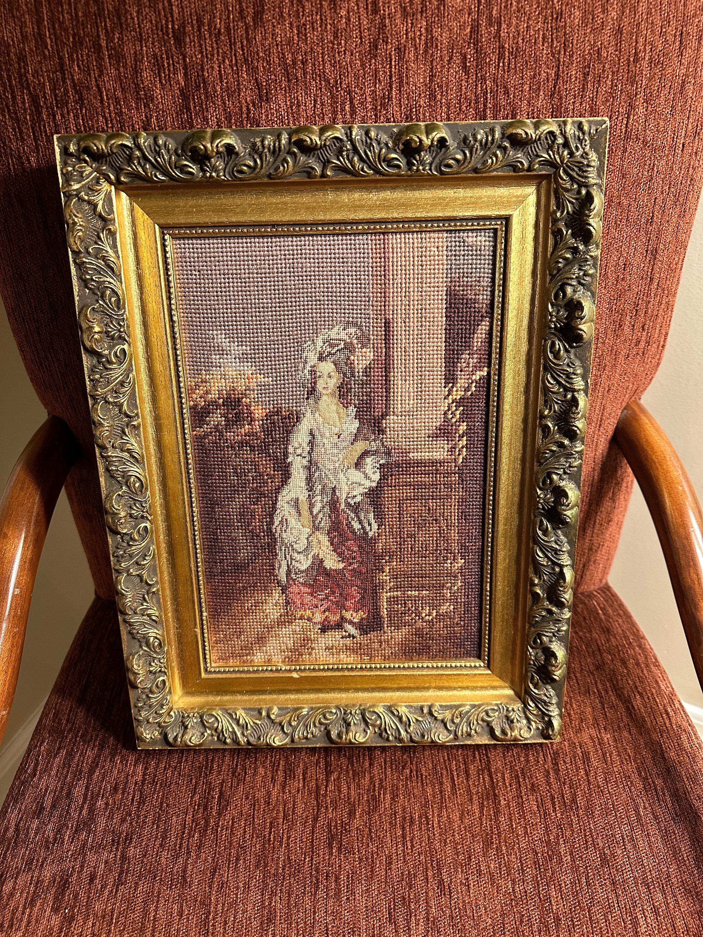 ヨーロッパアート　額縁セット　NEEDLEPOINT Vintage Vintage Large Needlepoint Picture French Countrywoman With Hat