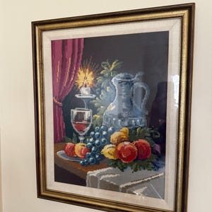 Vintage Framed Needlepoint Tapestry Needlework Picture with Fruit and Coffee Pot On A Table.
