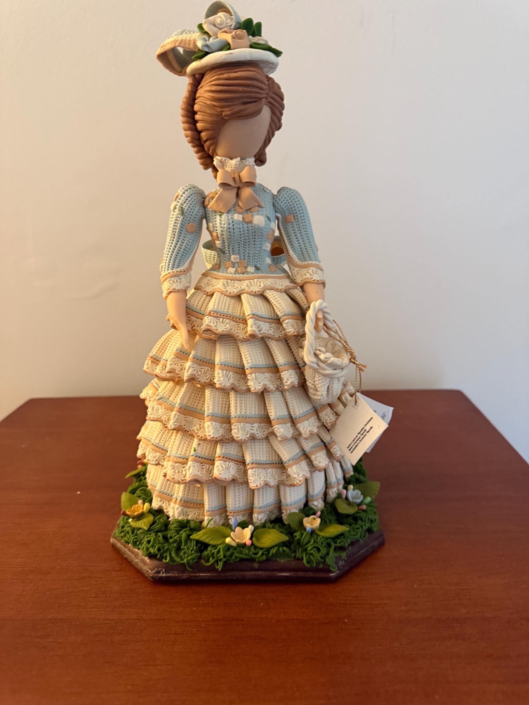 Vintage Gifina Faceless Girl Figurine Dominican Dress Wooden Base