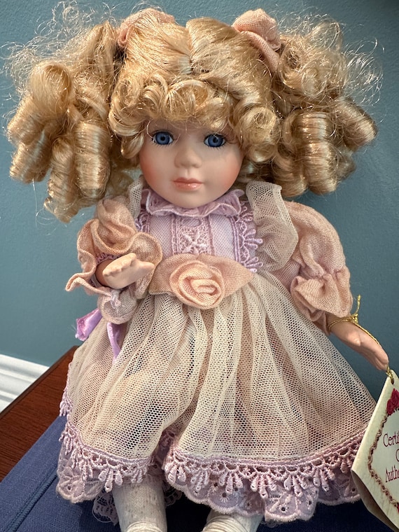 Vintage Blonde Blue Eyed Porcelain Doll Sitting Seated. - Etsy