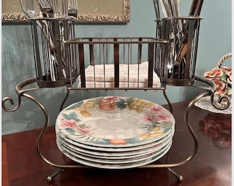 Vintage Metal Serving Caddy - Plate Holder, Napkin Basket & Silverware Organizer