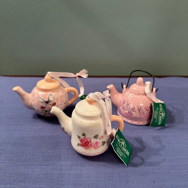 Kurt S. Adler Boho Chic  Floral Teatime Teapot Ornament Set of 3