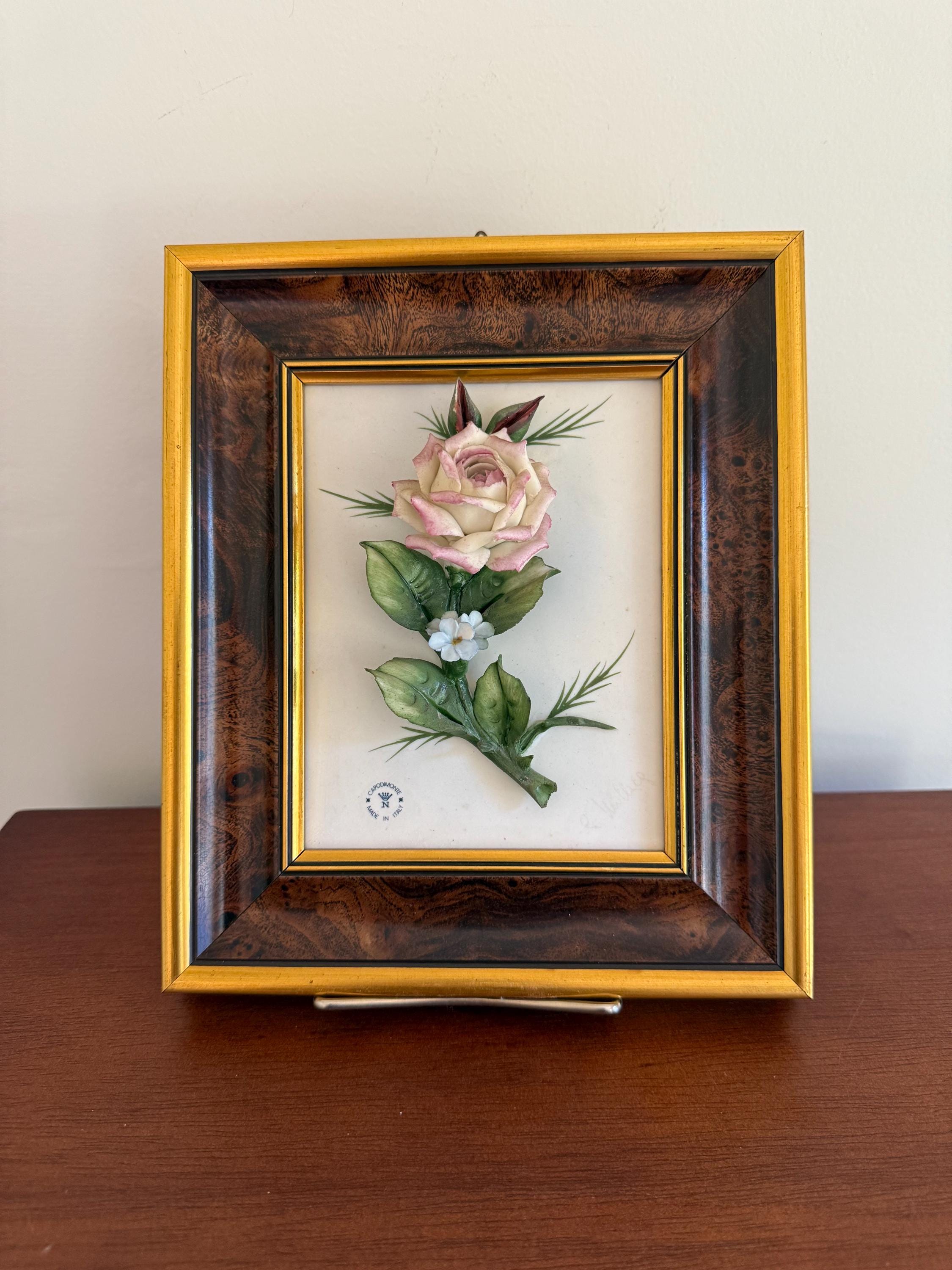 Vintage Capodimonte Signed 3D Porcelain Flowers Framed Wall Plaque