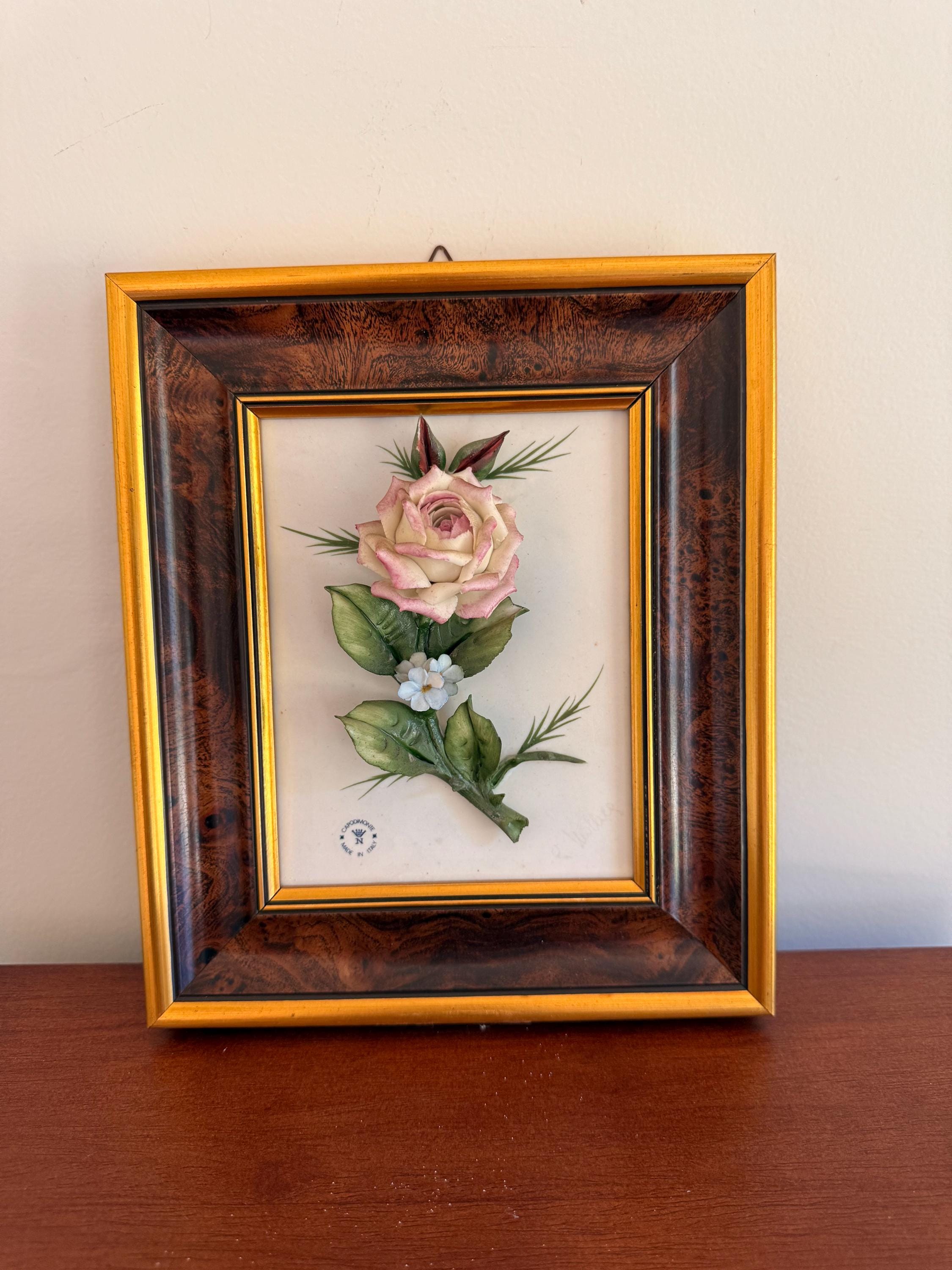Vintage Capodimonte Signed 3D Porcelain Flowers Framed Wall Plaque