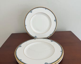 Juego de 4 platos de ensalada de porcelana fina Royal Doulton Princeton H.5098, con borde dorado, estilo inglés vintage.