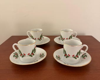 Vintage Christmas Holly Porcelain Espresso Cup and Saucer Set