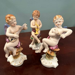3 Vintage Bisque Porcelain Musical Instrument Angel Figurines