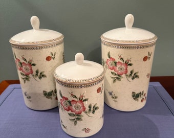 Set of 3  Wedgwood Fine China Fleur Pattern Canisters - Spring Florals and Wild Strawberries .