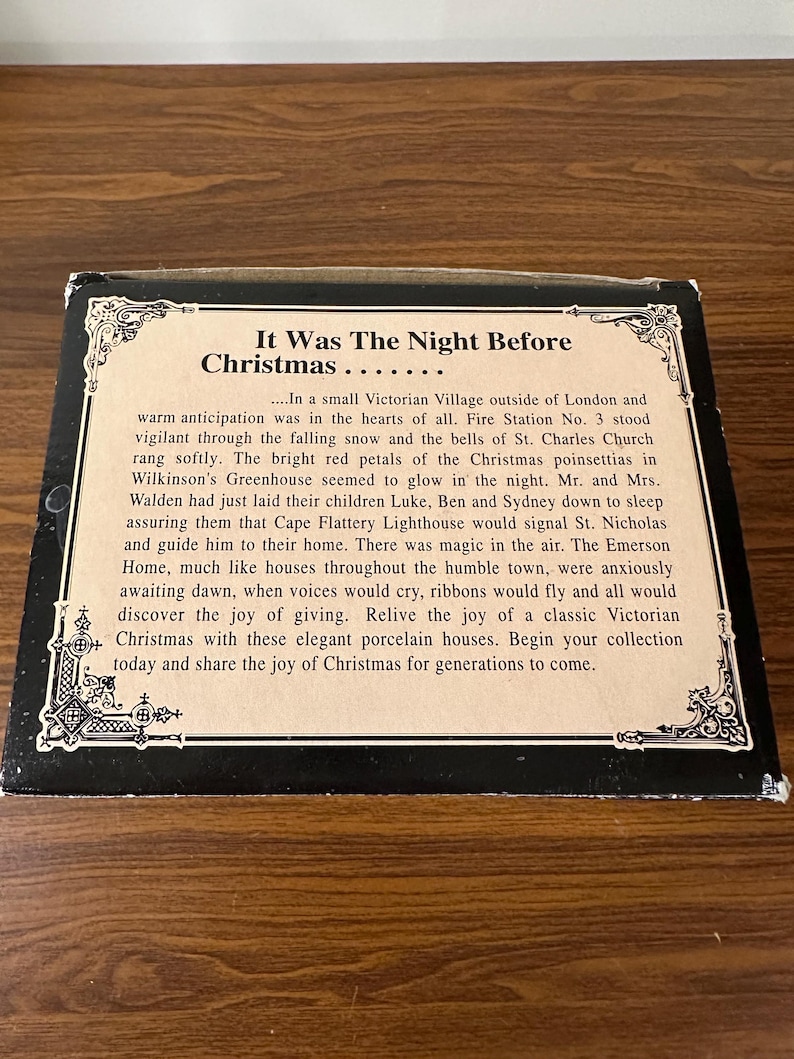 May include: A vintage box for a set of porcelain houses depicting a Victorian Christmas scene. The box features a black and white illustration of a church and a quote from the poem 'Twas the Night Before Christmas'.