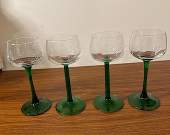 Set of 4 French Vintage Green Stemmed Wine Glasses.