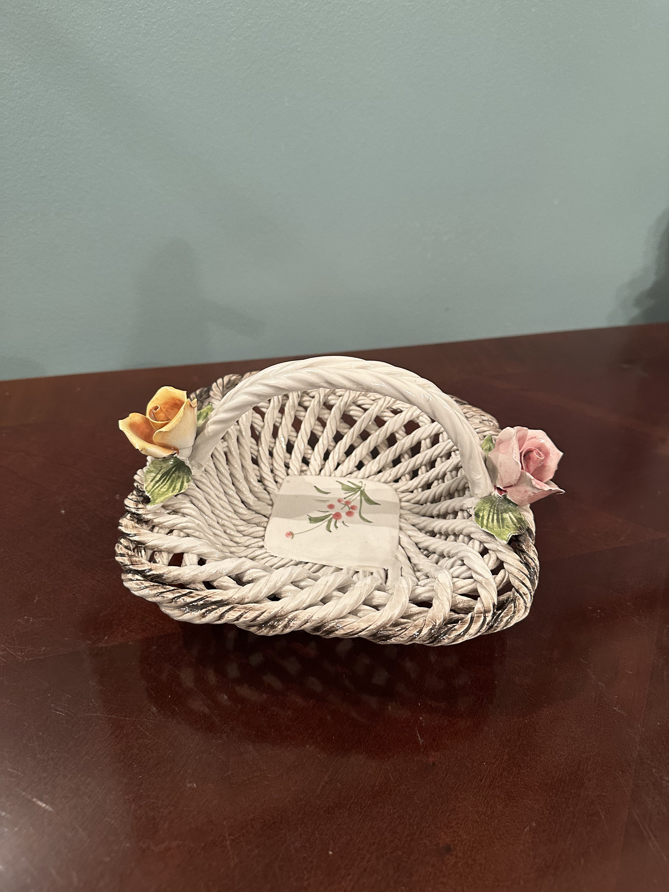 Vintage Capodimonte Porcelain İtaiıan Floral Woven Basket With