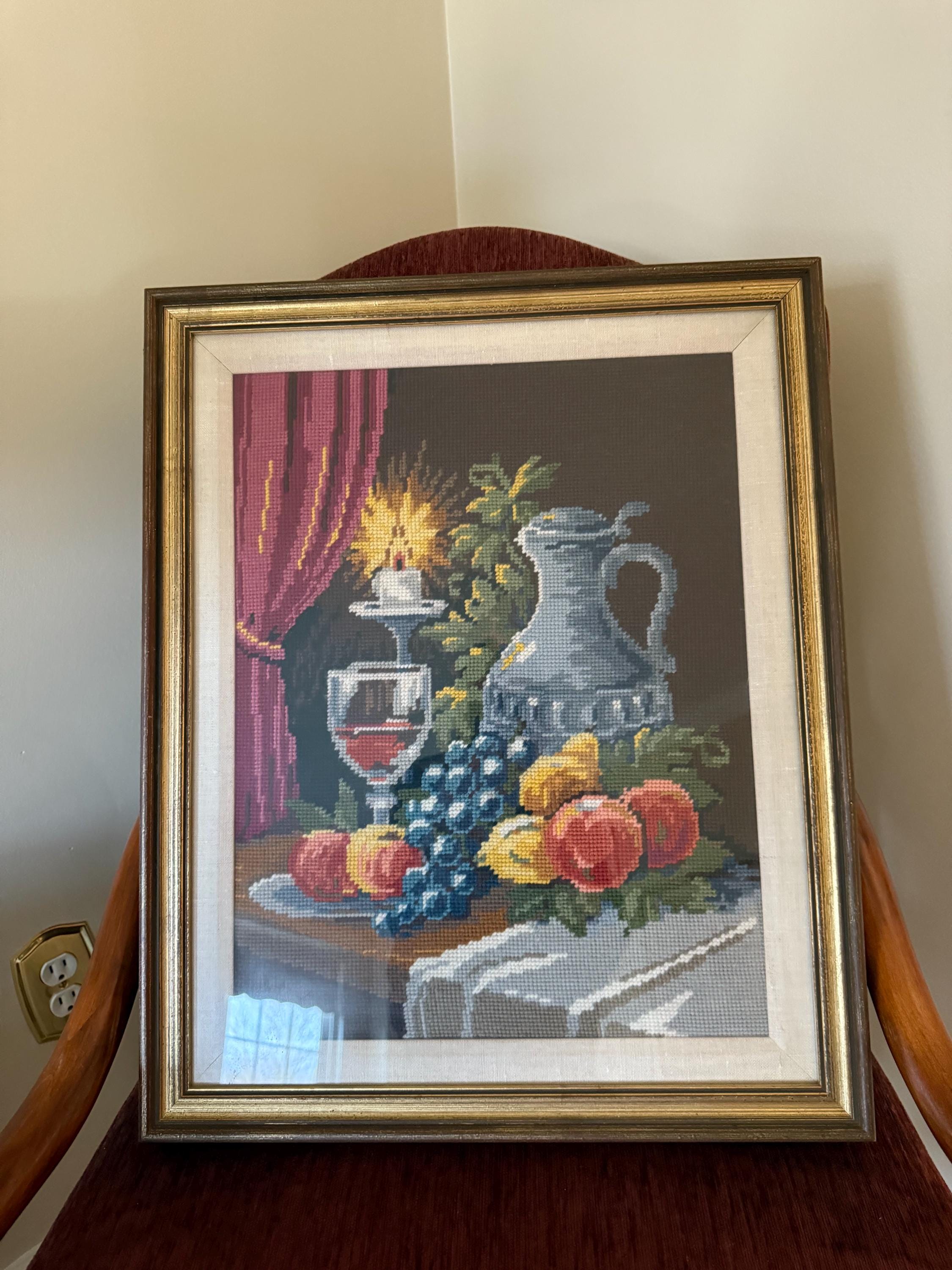Vintage Framed Needlepoint Tapestry Needlework Picture With Fruit