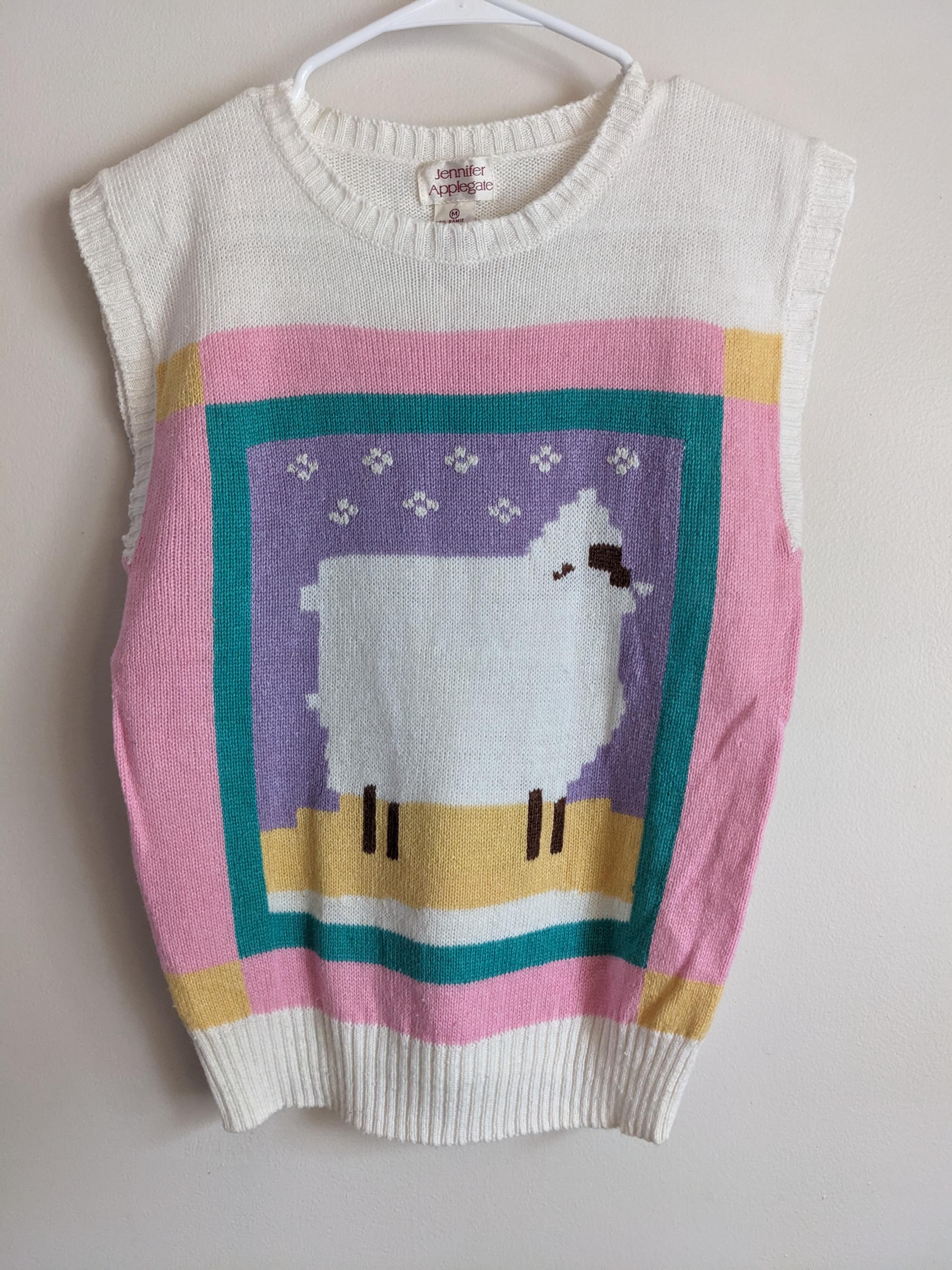 Vintage Jennifer Applegate White Pastel Sheep Sweater Vest Women