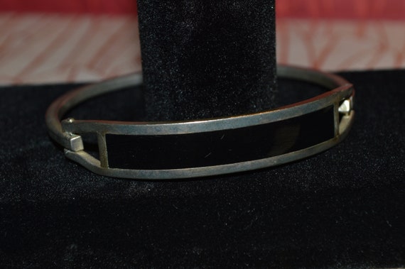 Vintage Sterling Silver Black Enamel Hinge Bracel… - image 1