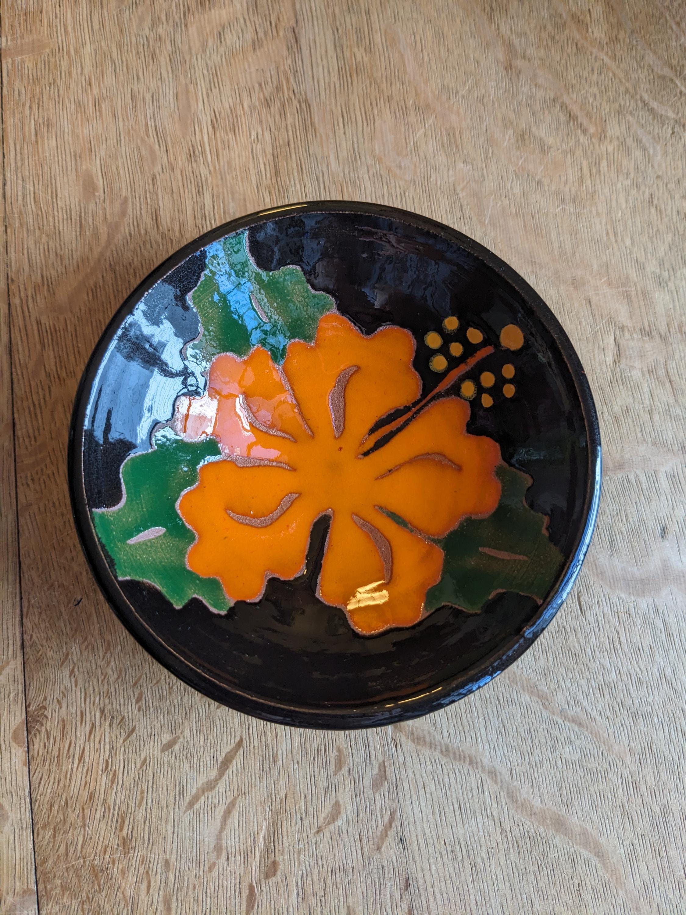 AJOUPA Pottery Terracotta Orange Hibiscus Flower Trinket Dish Bowl