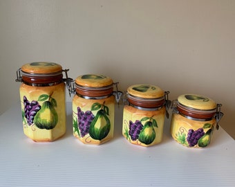 Vintage Mayfair and Jackson Canister Set of 4: Seal Tight Pears and Grapes theme from the 1990s