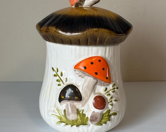 DAMAGED Merry Mushroom Vintage Kitchen Canister, 1970s Decor