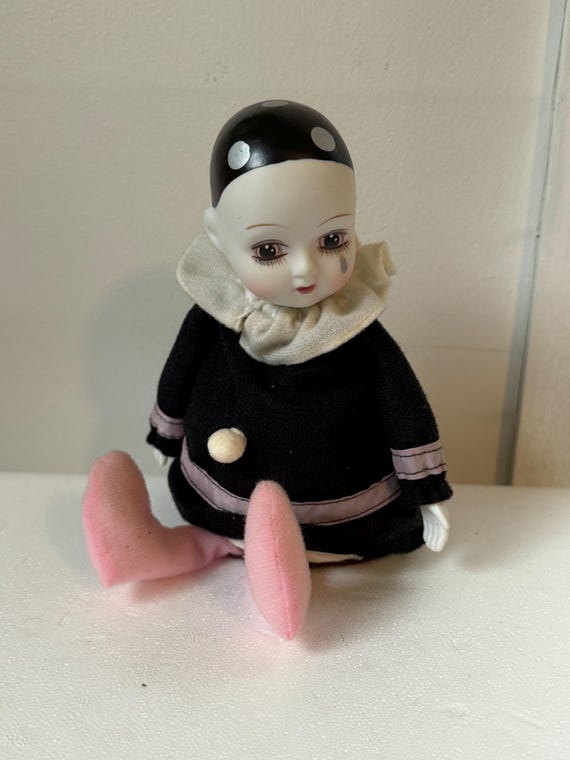 Vintage Porcelain Pierrot Clown Music Box With Motion, Black and