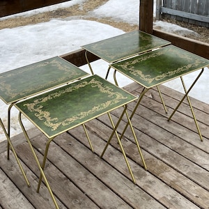 Set of 4 Green & Gold Floral TV Tray, Gold Design, Vintage Bed Tray, Retro Home Decor, Breakfast Tray, Bohemian Style