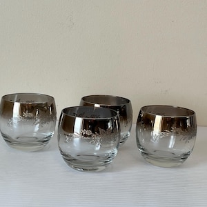 Vintage 4 Roly Poly Glasses, Embossed Floral Silver Ombre, Barware Gift Set, Mid Century Glassware