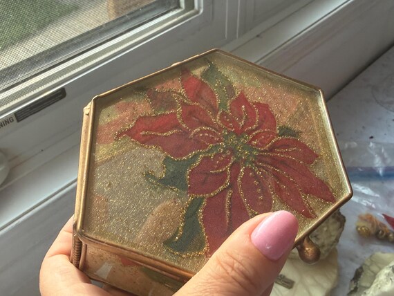 Vintage Christmas Poinsettia Trinket Box - Gold Metal Hexagon Glass Jewelry Box - Festive Holiday Decor - Glitter Floral Hinged Keepsake Box View 2