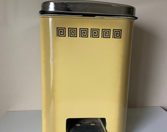 1970's Step Garbage Can: Retro Metal Trash Receptacle with Kitschy Graphic and Opening Lid