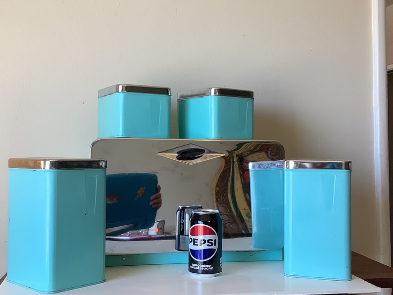 Vintage Turquoise Canister Set Including Breadbox, MCM Robin Egg Blue