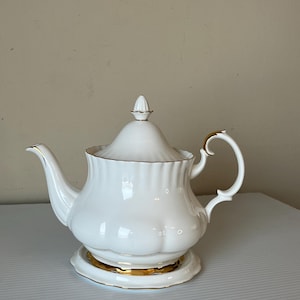Vintage Teapot Royal Albert Bone China &quot;VAL D&#39;OR&quot;, White Gold Teapot, Teapot with Trivet, Collectible Teapot, Tea Lover Gift
