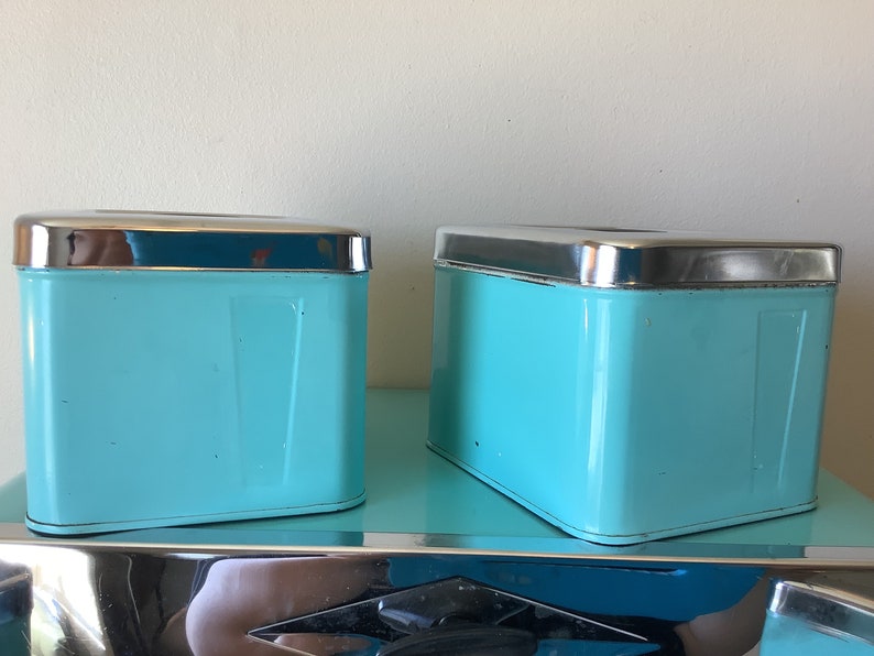 Vintage Turquoise Canister Set Including Breadbox, MCM Robin Egg Blue