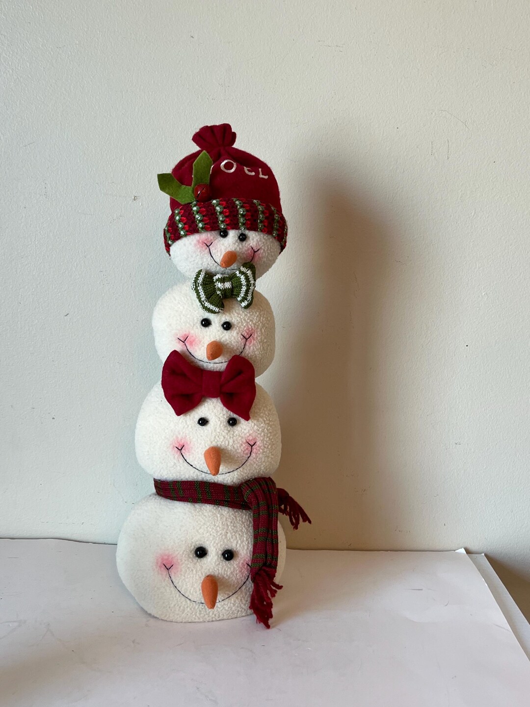 Stacked Plush Snowman Figurine, Vintage Snowman Decor, Winter Mantel ...