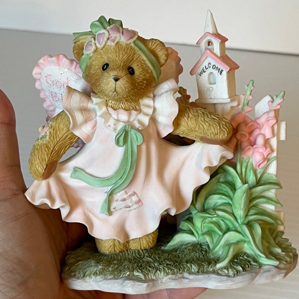 Vintage Cherished Teddies Bear Figurine, Garden Scene, Enesco Collectible