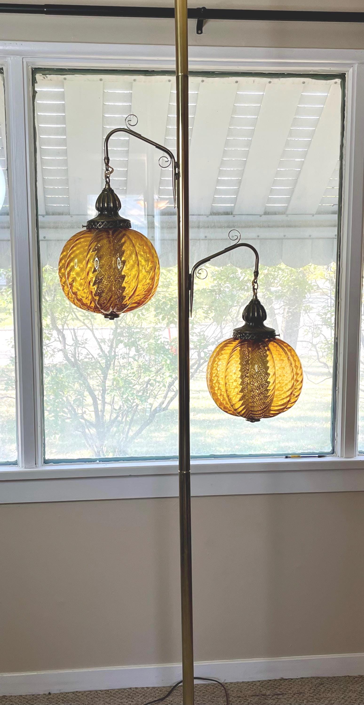 Amber Tension Pole Lamp, Mid Century Modern Floor Lamp, Vintage