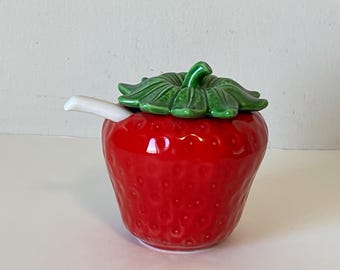 Vintage Strawberry Jam Jar with Spoon, Kitchen Collectible
