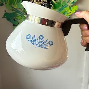 Retro Corning Ware blå blåklint kaffekanna med lock, kök, frukostservering, unik presentidé