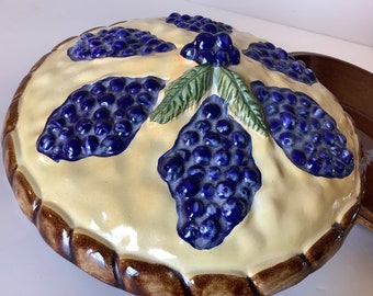 Porte-tarte recouvert de myrtilles vintage en céramique à dos et à dos en céramique fabriqué au Portugal
