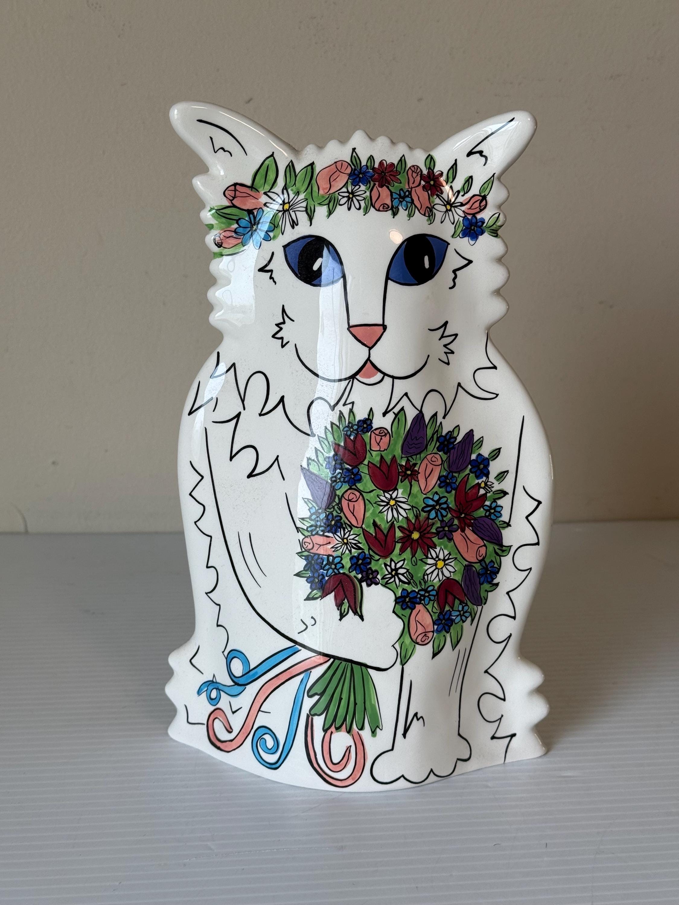 Vintage Nina Lyman Ceramic Cat Vase, Floral Design - Etsy