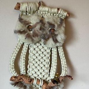 Peut inclure: Une suspension murale en macramé en forme de hibou avec des plumes brunes, de la fourrure blanche et des branches en bois. Le hibou a deux petites cloches suspendues au bas.