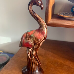 Vintage Ceramic Flamingo, Flamingo Figurine, Fun Tropical Beach Decor, Bird, Crane, Colourful Florida Sculpture MCM Patio