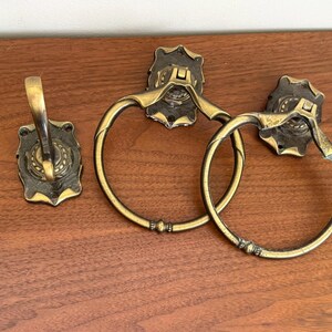 Vintage Brass Towel Rings and Robe Hook Set | 1970s Ornate Colonial Bathroom Hardware | Spanish Revival Dresser Ring Pulls Replacement