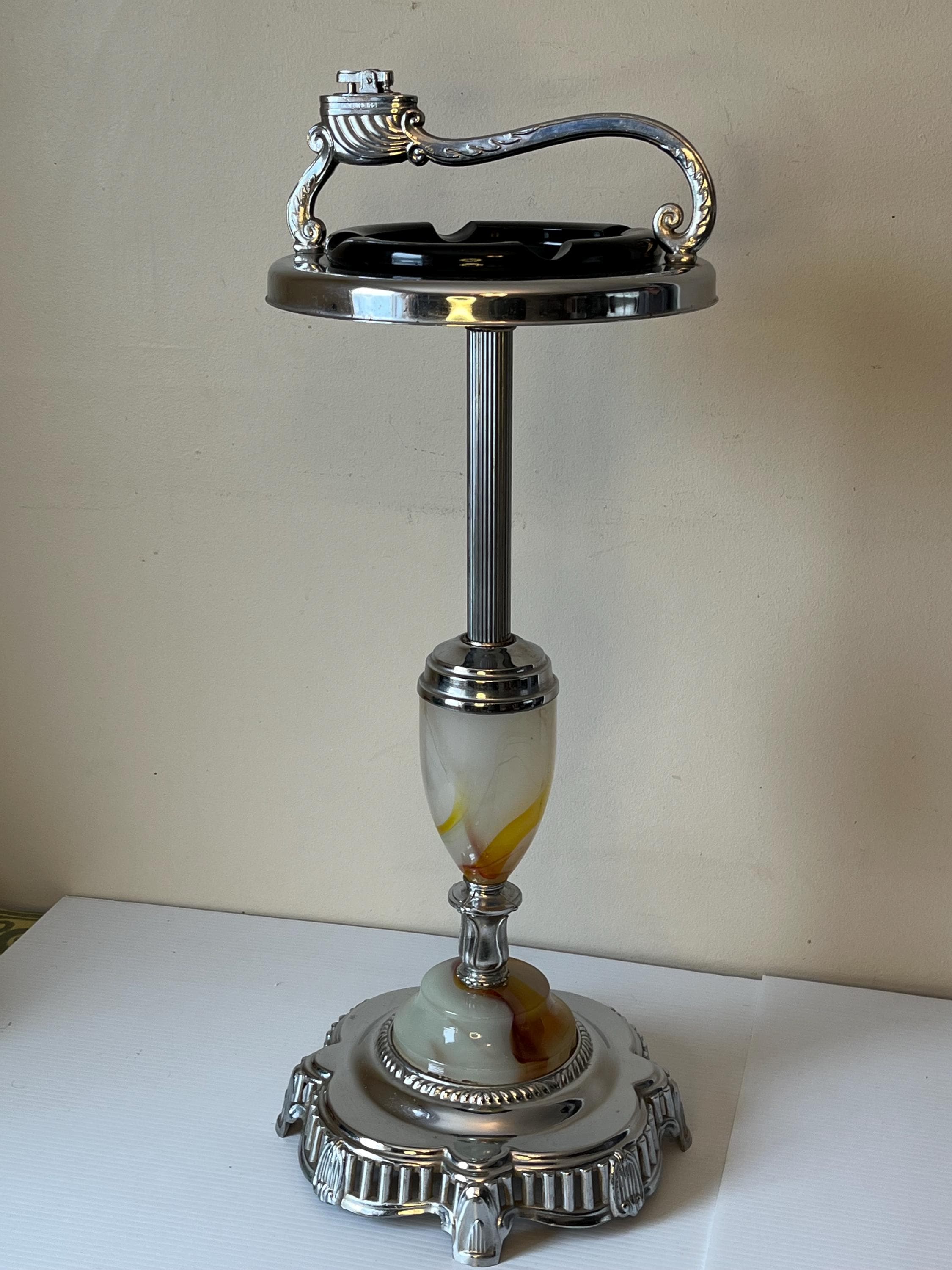 Vintage Art Deco Ashtray Stand, Chrome with Base, Built-In Lighter, Retro Home Decor, Smoking Gift Idea