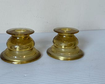 Pair Madrid Amber Depression Glass Candlesticks, Vintage Candle Holders, Federal Glass Yellow, Home Decor