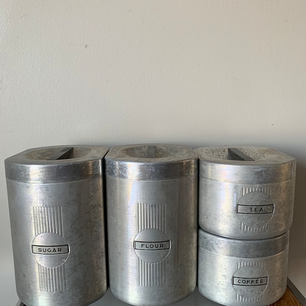 Vintage Aluminum Canister Set of 4 - Flour, Sugar, Coffee, Tea  - Retro Kitchen Storage SetVintage MCM , Antique, Farmhouse decor